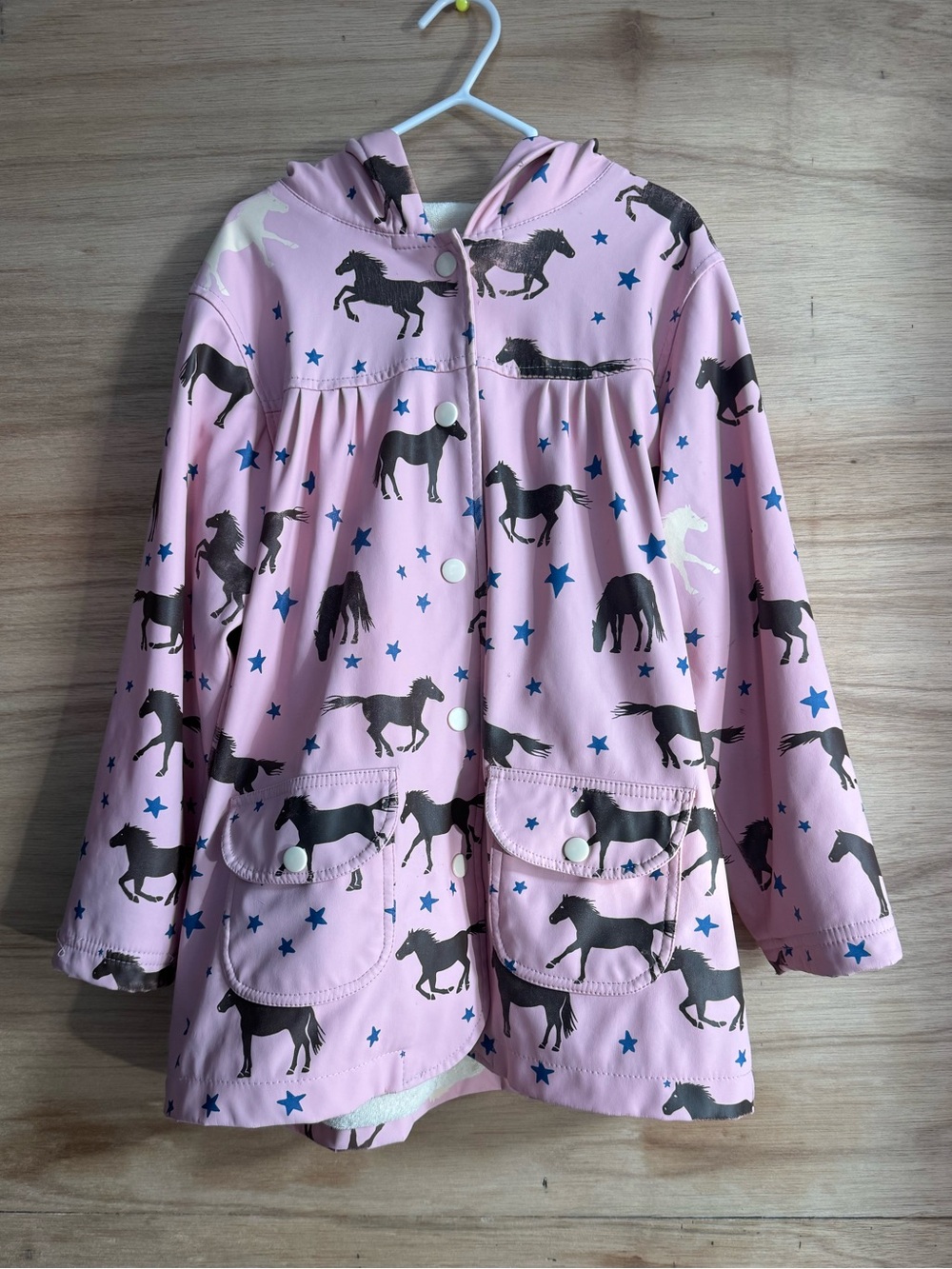 Hatley Pink Horse Print Hooded Raincoat with Blue Stars size 7 years